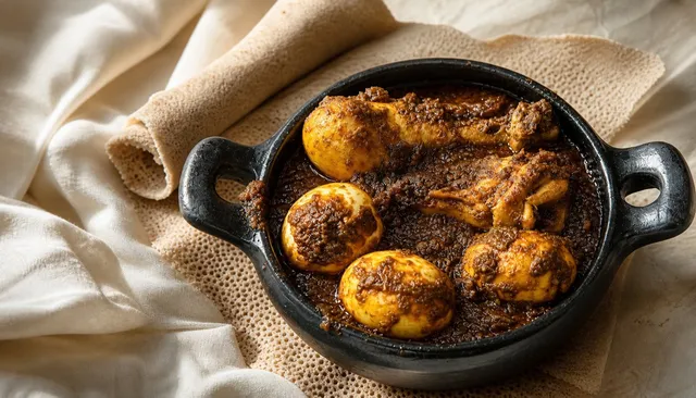 Doro wot, chicken stew with boiled eggs, in a black clay pot with rolled injera