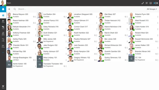 The 3CX web client showing a team's contacts and who is available