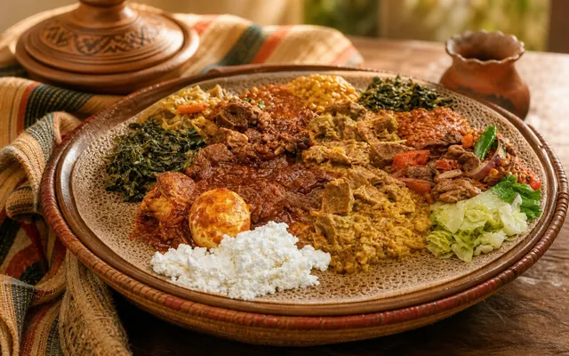 Ethiopian family platter of stews, greens, egg and fresh cheese on injera