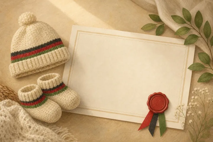 Illustration: a newborn's knitted hat and socks beside a certificate