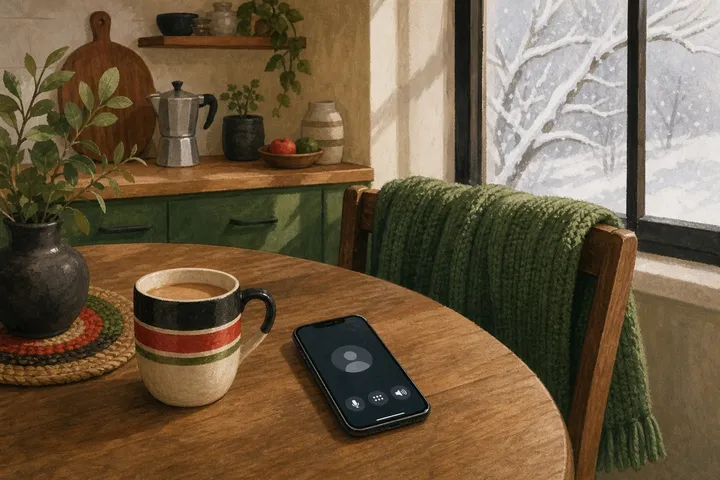 Illustration: a phone on a call beside a cup of chai, snow outside