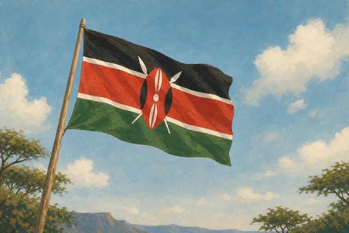 Illustration: the Kenyan flag waving against a blue sky