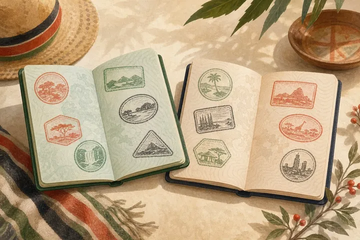 Illustration: two passports side by side, open to stamped pages