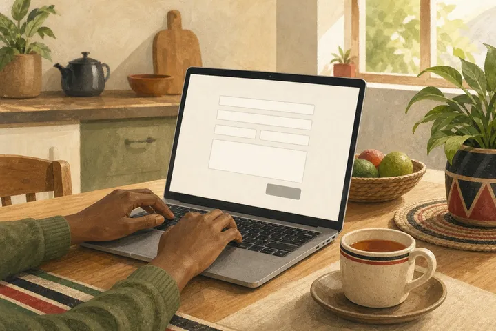 Illustration: hands filling in an online form on a laptop