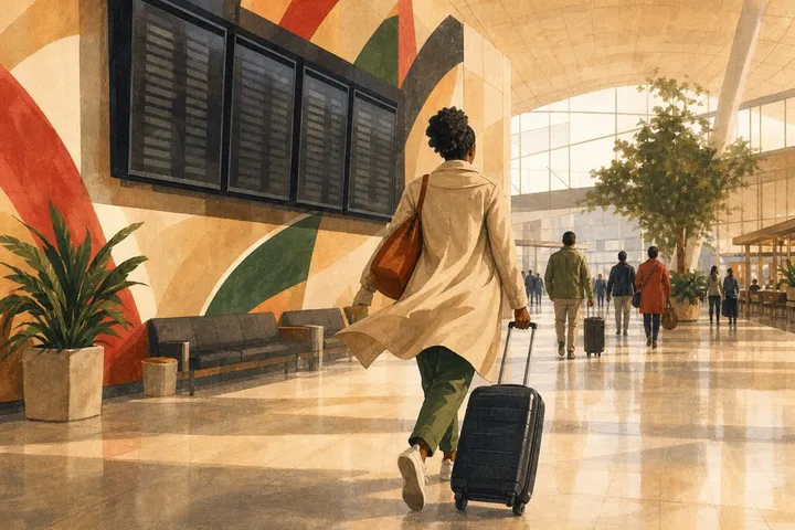 Illustration: a traveller hurrying through an airport terminal