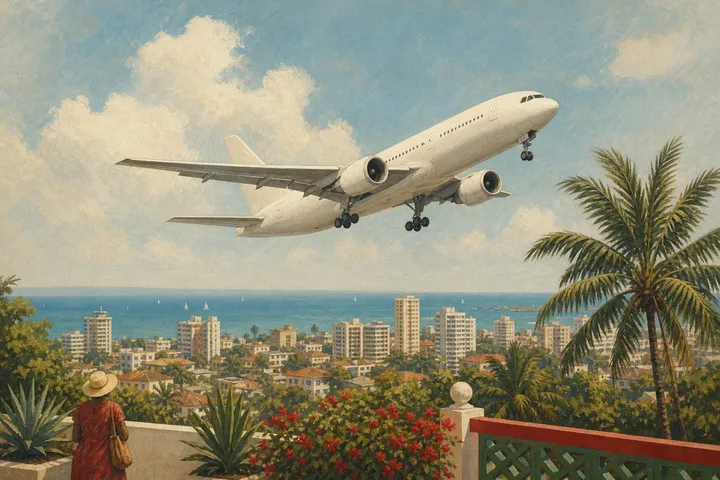 Illustration: a plane taking off over a coastal city with palm trees