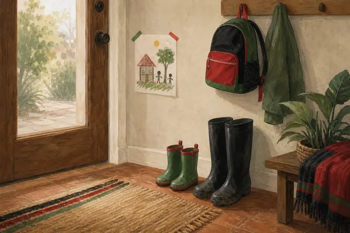 Illustration: a child's boots beside an adult's at a front door, with a school backpack