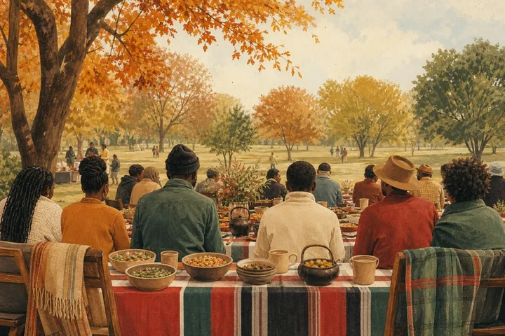 Illustration: people gathering around a shared table in an autumn park