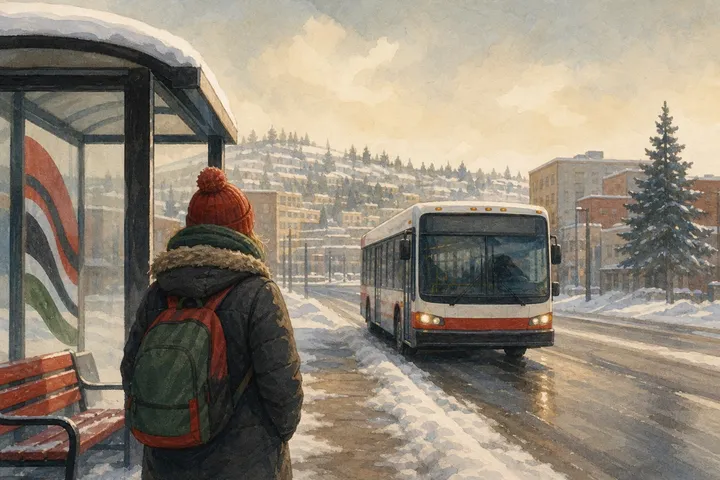 Illustration: a person in a winter coat waiting for a city bus in snow
