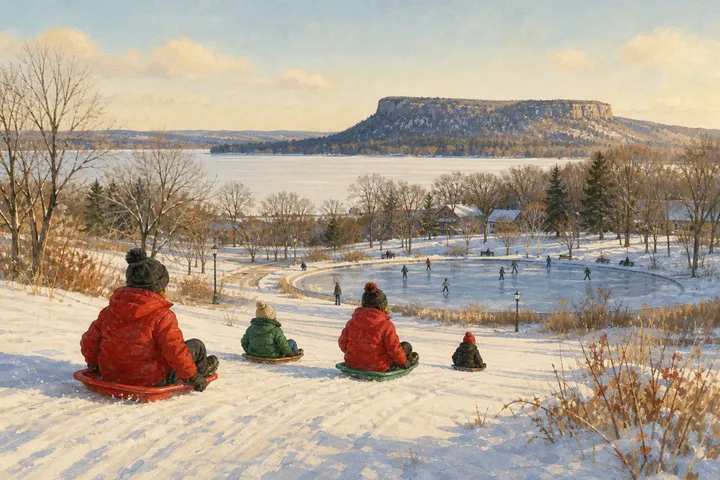 Illustration: children sledding in a snowy park beside an outdoor rink, a frozen lake and a flat-topped hill beyond