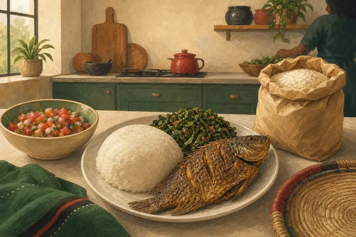 Illustration: ugali, sukuma wiki, fried tilapia and kachumbari on a kitchen counter