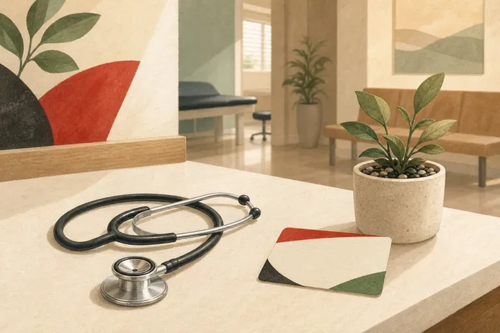 Illustration: a stethoscope and a blank health card on a clinic counter