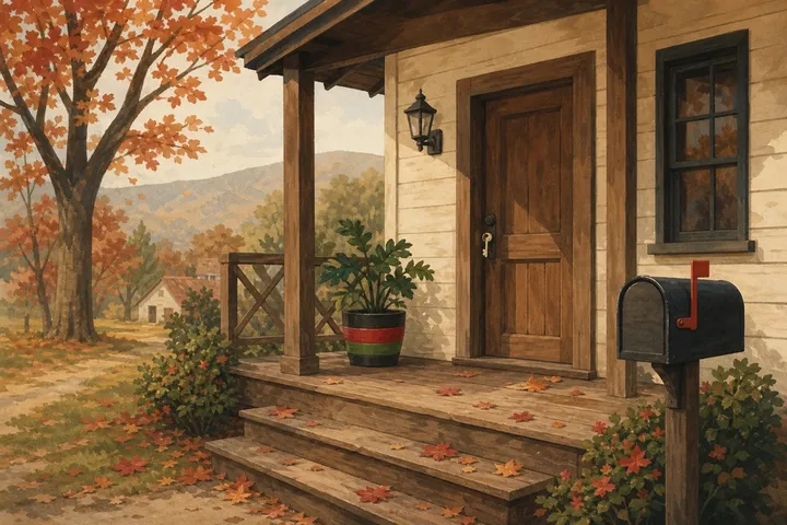 Illustration: a house porch in autumn with a key in the front door