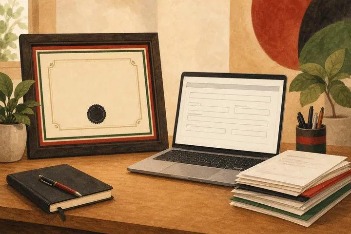 Illustration: a framed degree, a laptop and a stack of documents on a desk