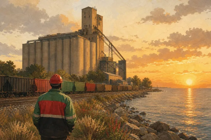 Illustration: a worker in a hard hat near a grain elevator at sunset