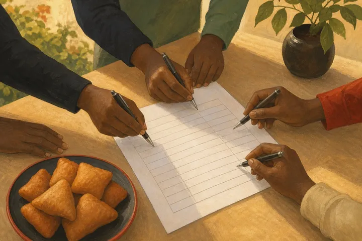 Mchoro: mikono kadhaa ikinyooshwa kutia sahihi kwenye karatasi kando ya sahani ya mandazi
