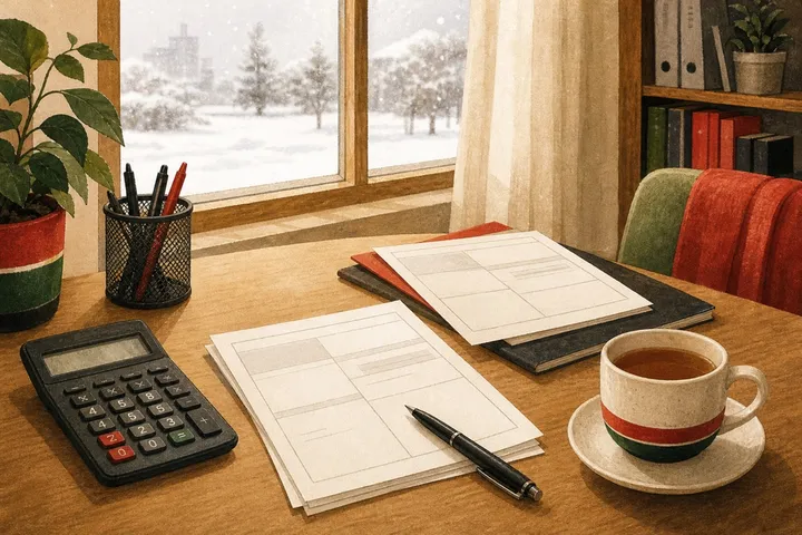 Illustration: a calculator and paper forms on a desk, snow outside