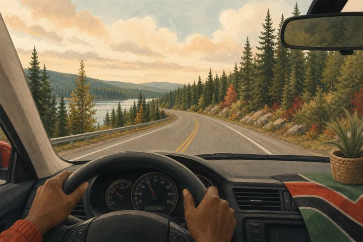 Illustration: a forest highway seen from the driver's seat