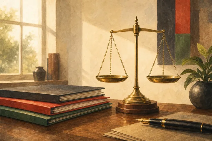 Illustration: brass scales beside a stack of folders on a desk