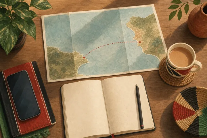 Illustration: a phone, notebook, chai and a folded map with a dotted route