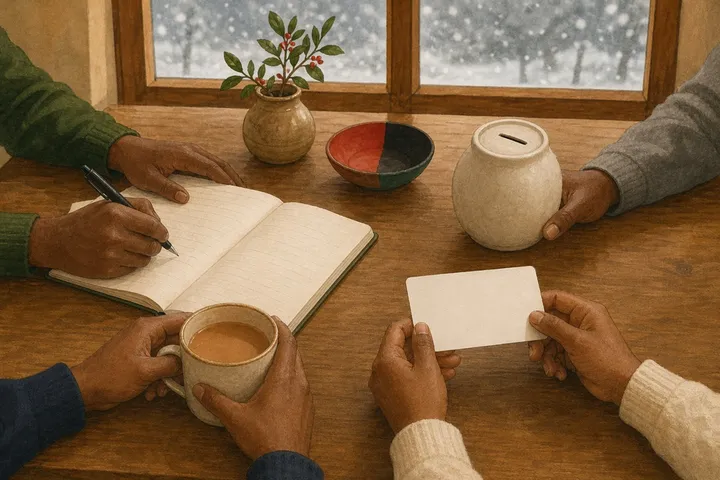 Illustration: hands around a kitchen table with a notebook, a savings jar and tea, snow outside
