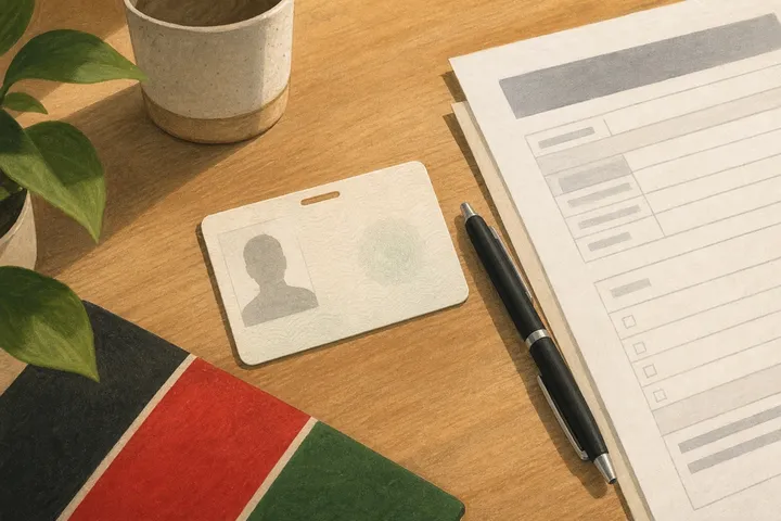 Illustration: a blank identity card beside a pen and an application form