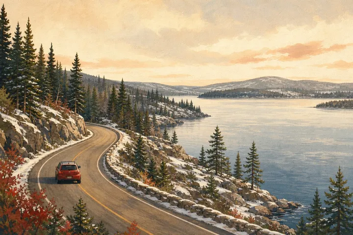 Illustration: a car on a quiet highway along a big lake's rocky shore through pine forest