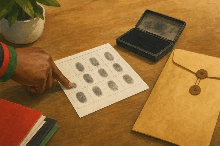 Illustration: a fingerprint card and an ink pad beside an envelope