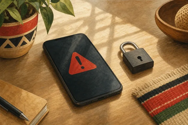 Illustration: a phone showing a red warning sign beside a padlock