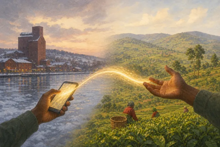 Illustration: a phone sending money from a snowy lake city to green tea fields