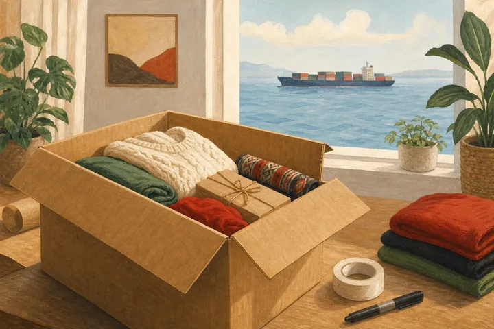 Illustration: a box packed with gifts, a container ship through the window