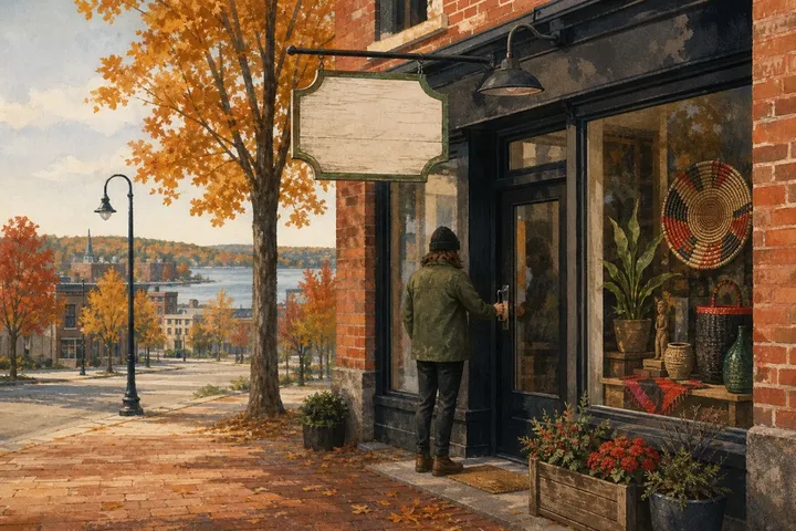 Illustration: a shopkeeper unlocking a small storefront on a northern Ontario main street