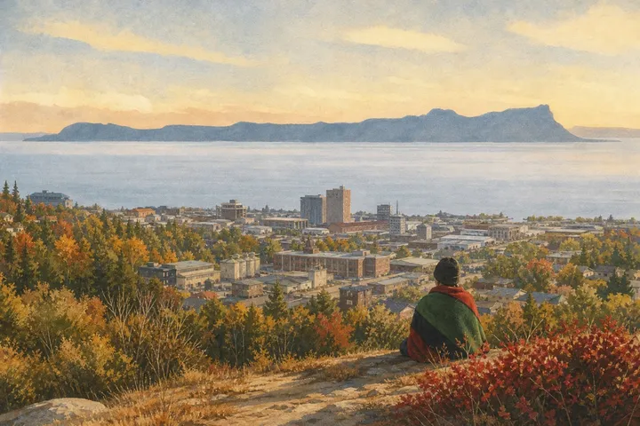 Illustration: a small city on a great lake with a long peninsula across the bay, seen by a person sitting on a hillside