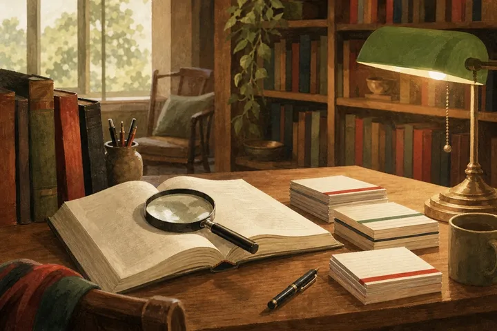 Illustration: a magnifying glass over an open book and index cards