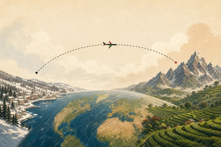 Illustration: a flight path from a snowy lake city to green tea highlands below a jagged mountain