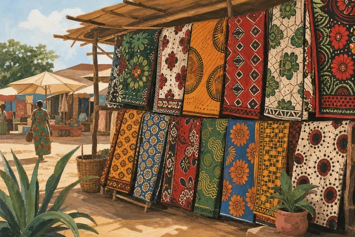 Illustration: brightly patterned kanga and kitenge fabrics hanging at a market stall