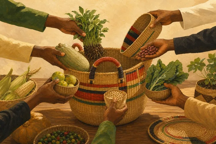 Illustration: many hands placing food, seedlings and woven goods into a kiondo basket