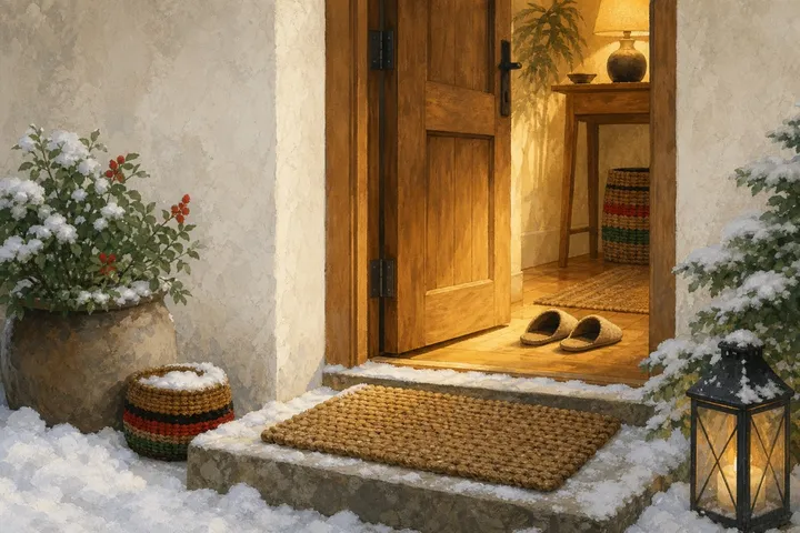 Illustration: an open front door with warm light spilling onto a snowy step