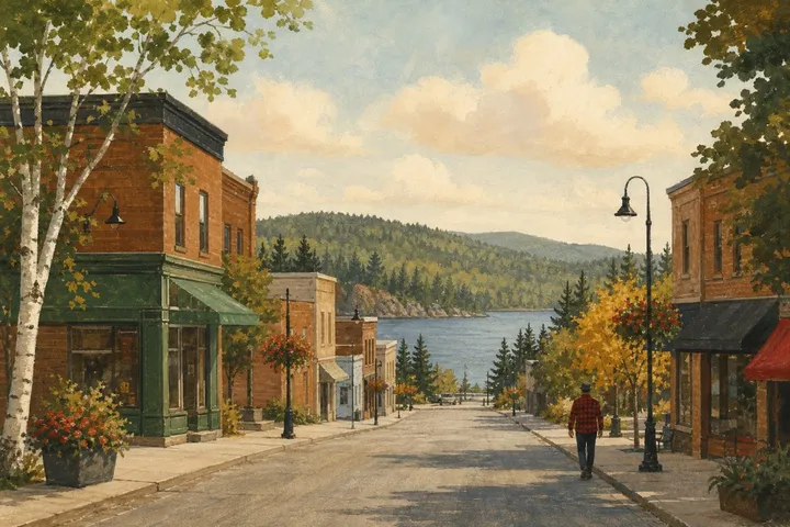 Illustration: the main street of a small northern town by a lake