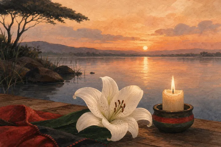 Illustration: a white lily and a lit candle beside a calm lake at dusk
