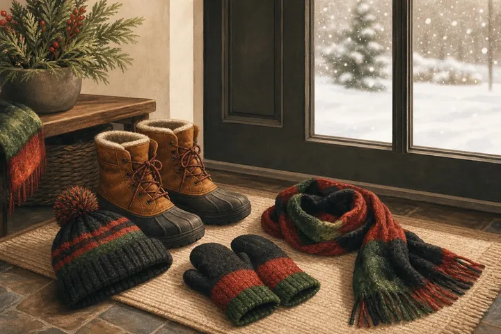 Illustration: winter boots, a toque and mittens by a door with snow outside